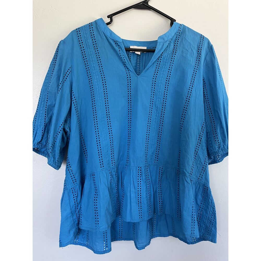 LOFT Short Sleeve Blue Eyelet Lace Peplum Blouse Size XL